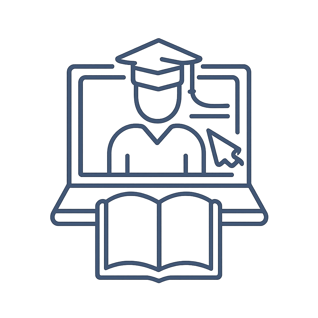 An illustration of a laptop with a graduation cap and an open book is presented in outline form.